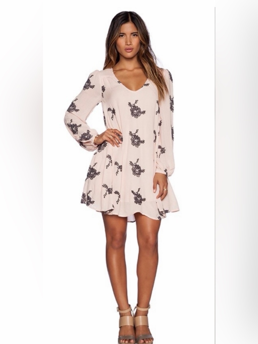 FREE PEOPLE Floral Long-Sleeve Swing Dress in Blush